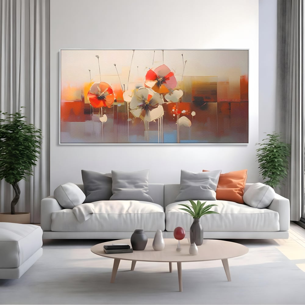 Tablou canvas cu tablou canvas cu pictura florala abstracta, in rama de aluminiu argintiu, pe perete intr-un living